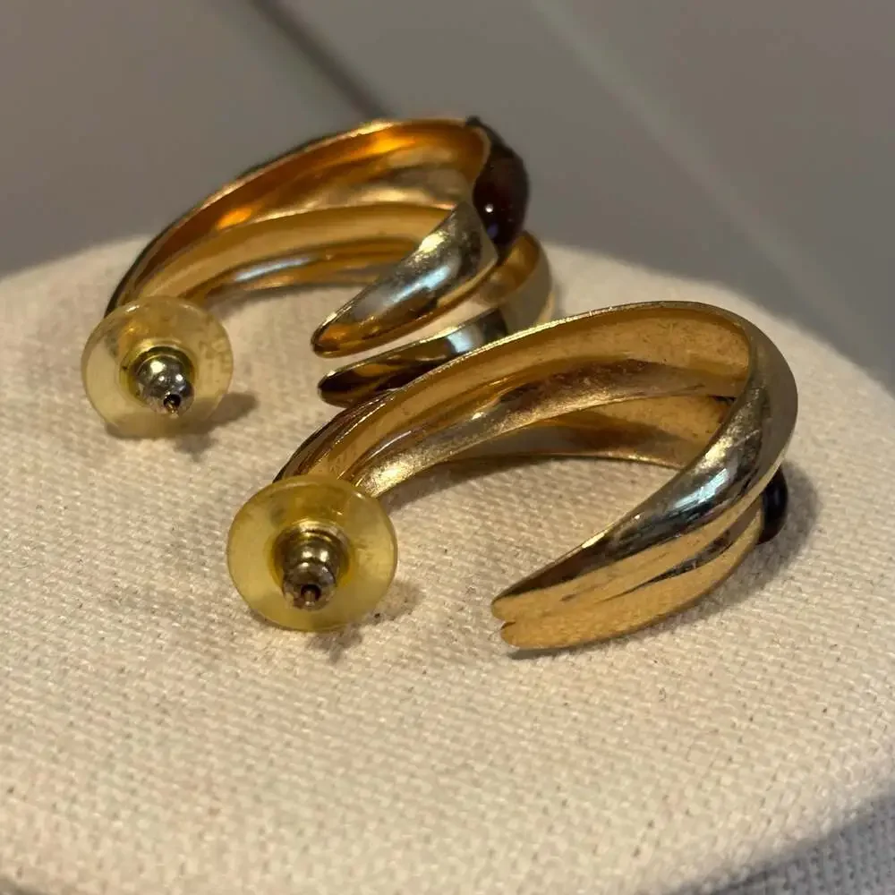 Vintage Gold Tone Earthy Colored Enamel Double Loop Half Hoop Pierced Earrings